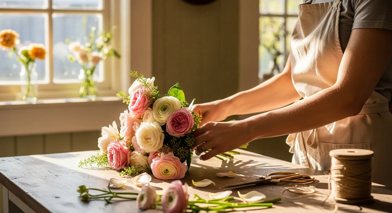 Hazel arranging a fresh bouquet at her Ivy Hill flower shop